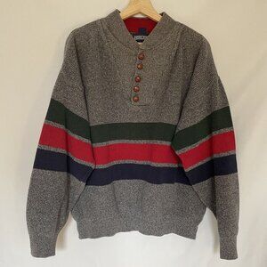 Vintage Lands End Mens Knit Sweater L 42-44 Gray Red Green Striped Wool Cotton B
